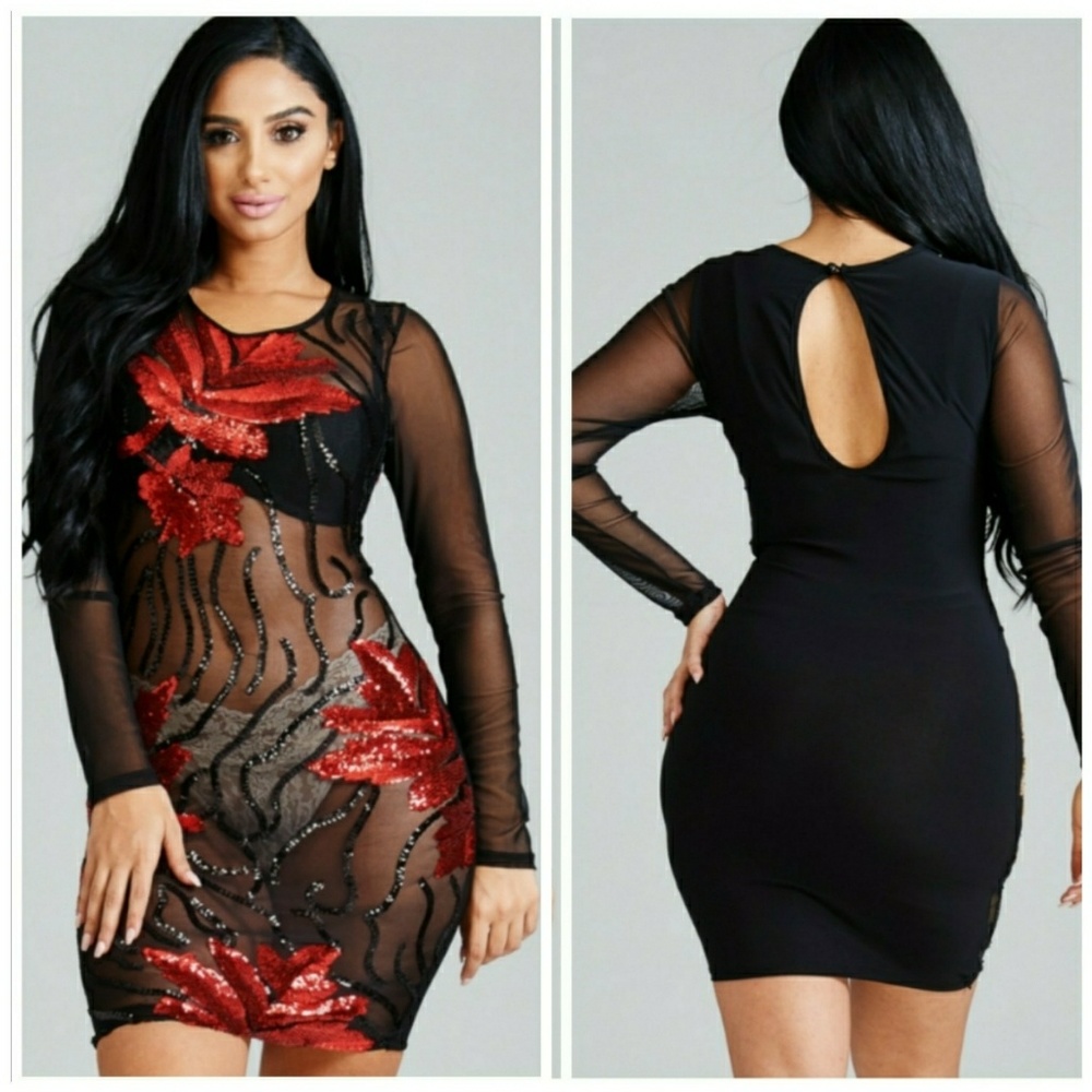 Blk sheer front and red sequin flower design dress
